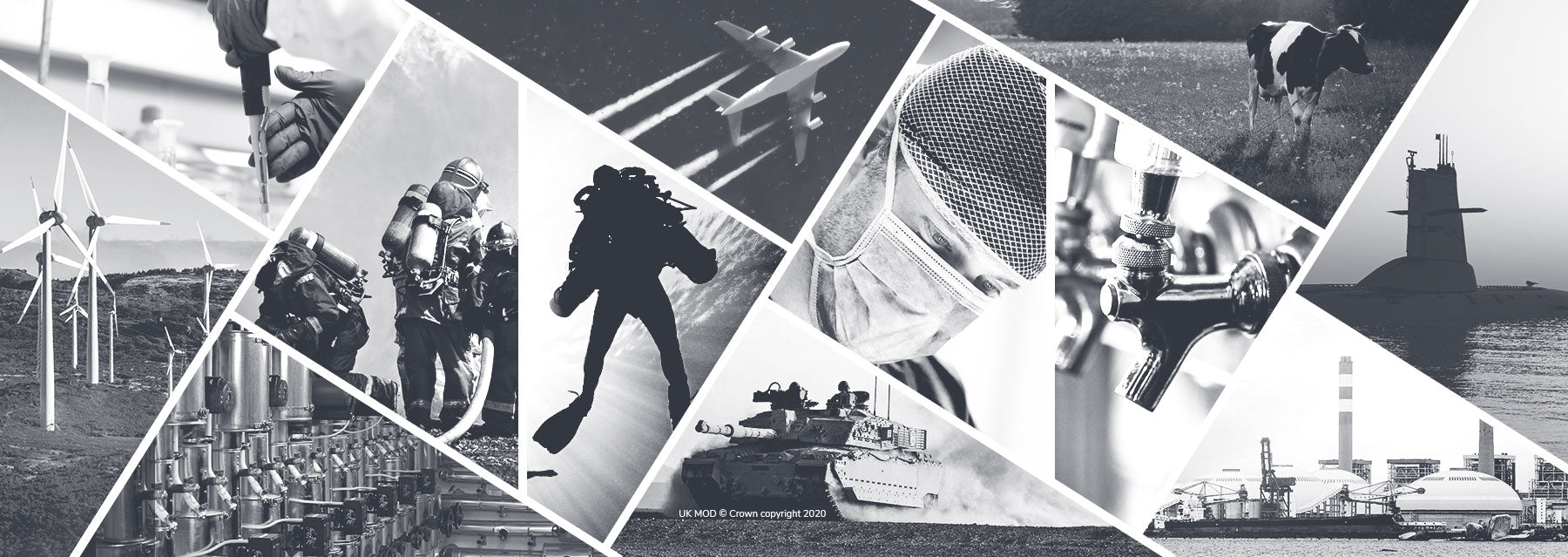 Banner header showing various sectors that Gas Detectors Direct supply, wind farm for green energy, cow for greenhouse gasses, submarine and tank for military, beer tap for beverage industry, space rocket for space, scuba diver for underwater and labs