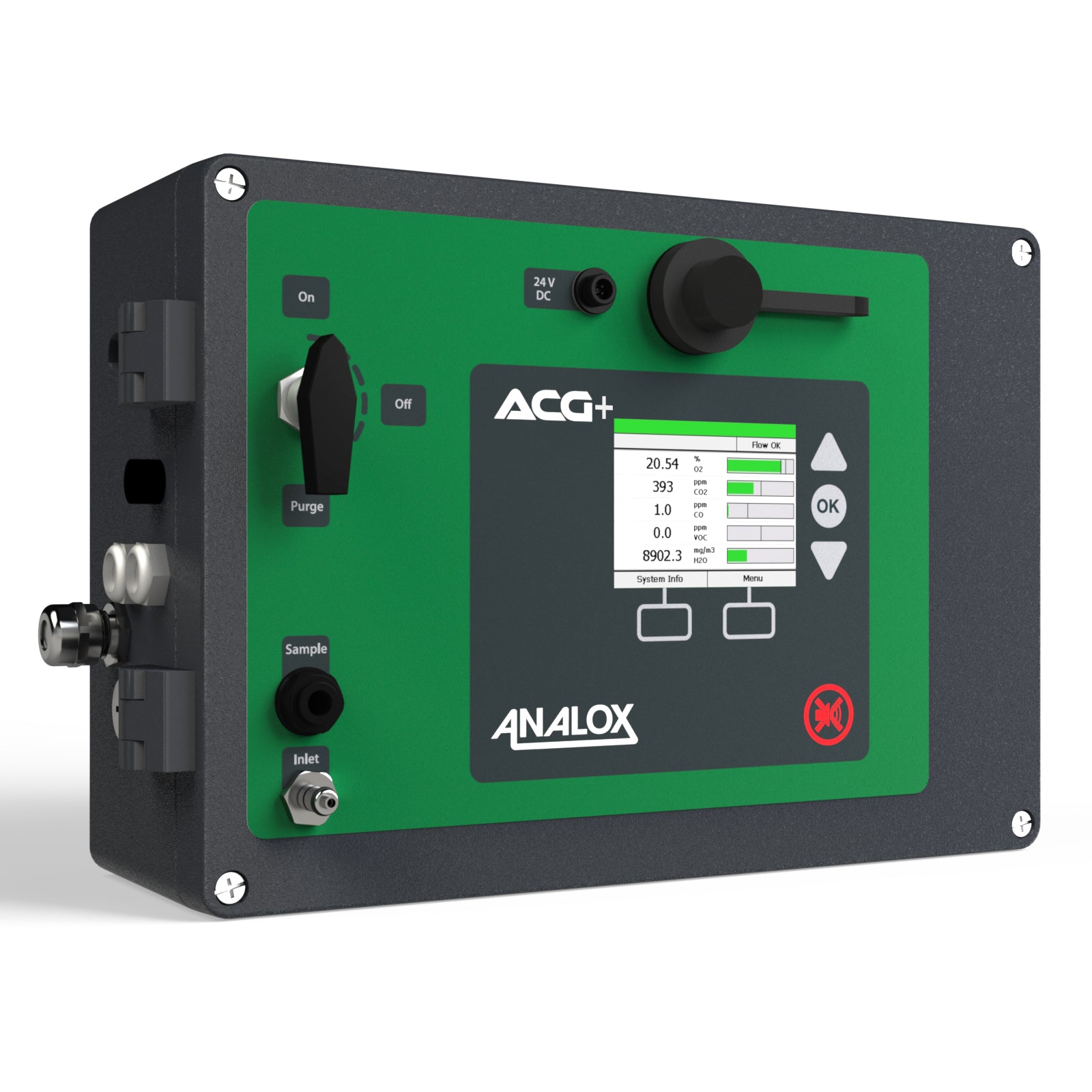 A rendering showing the ACG+ breathing air monitor from Analox. Front view showing main input controls.